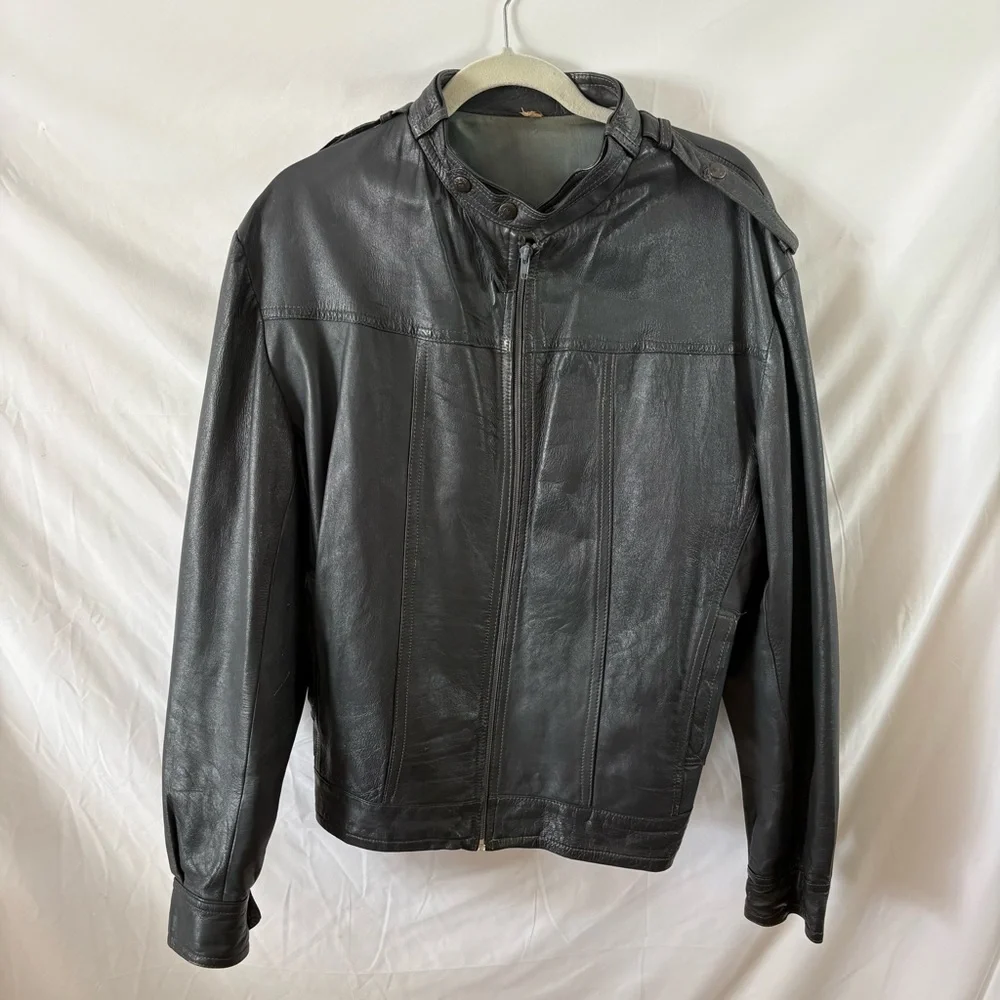 Vintage slate gray bomber leather jacket zip up mens womens moto indie biker